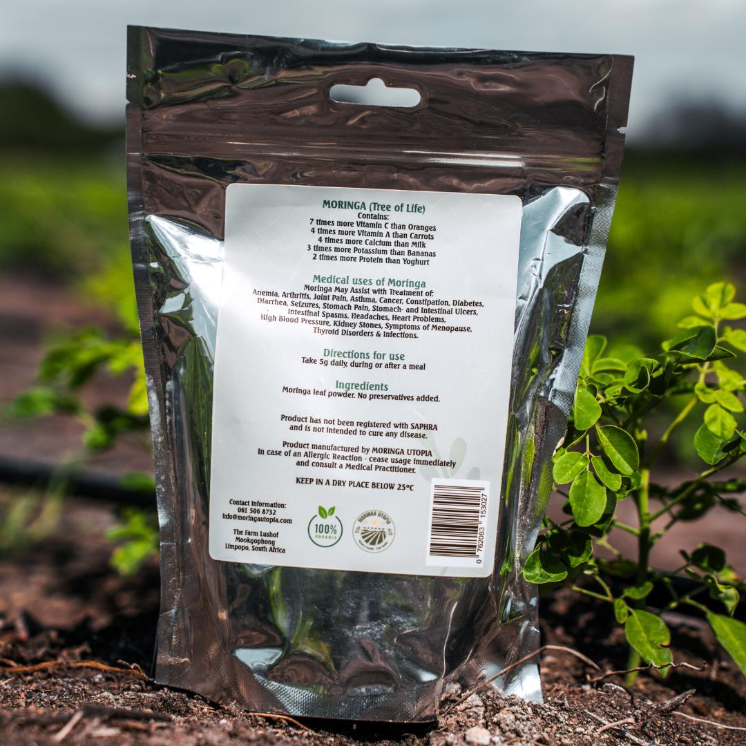 Moringa Powder Organic Moringa Leaf Powder Moringa Utopia Packaged Moringa Powder For Sale Back Image